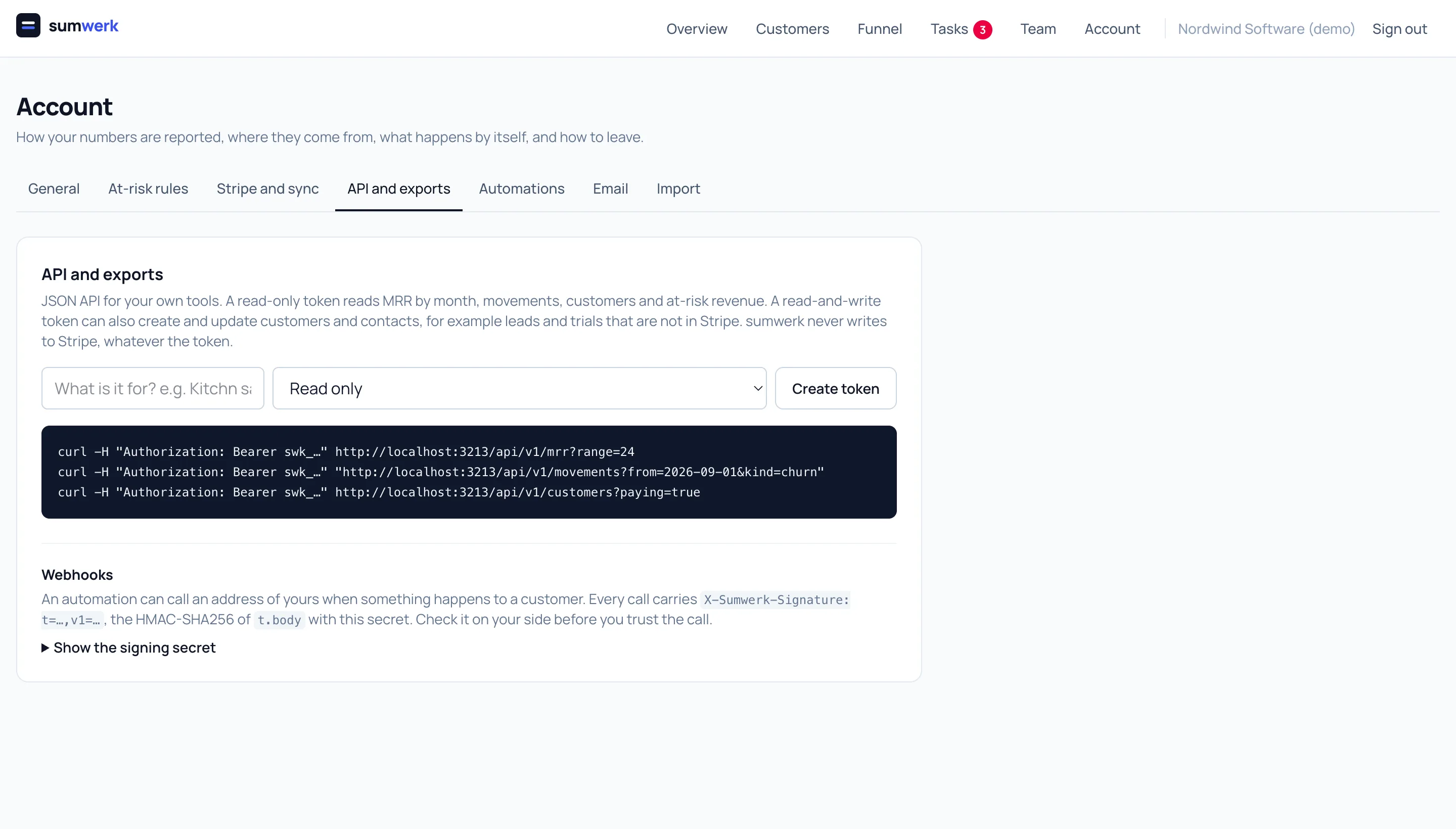 The API and exports tab in sumwerk with tokens, example calls and webhooks