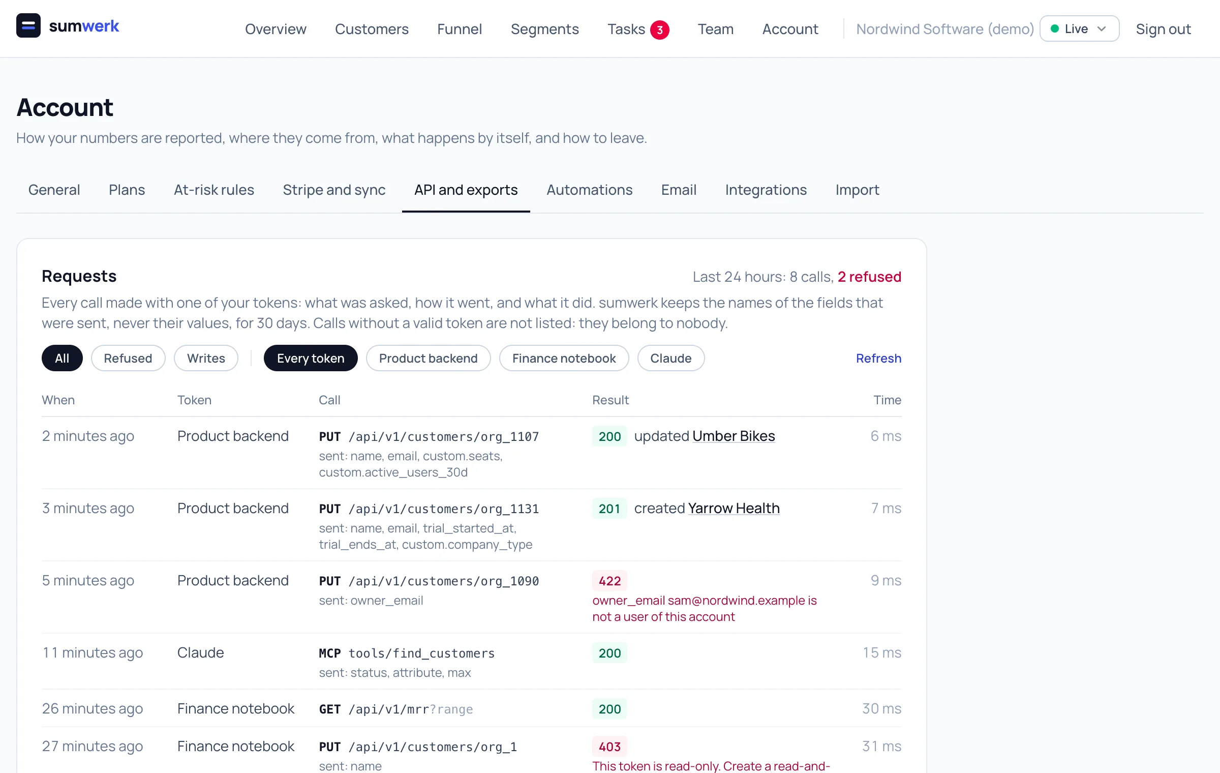The request log in sumwerk showing a tool call of an AI assistant next to calls of other systems