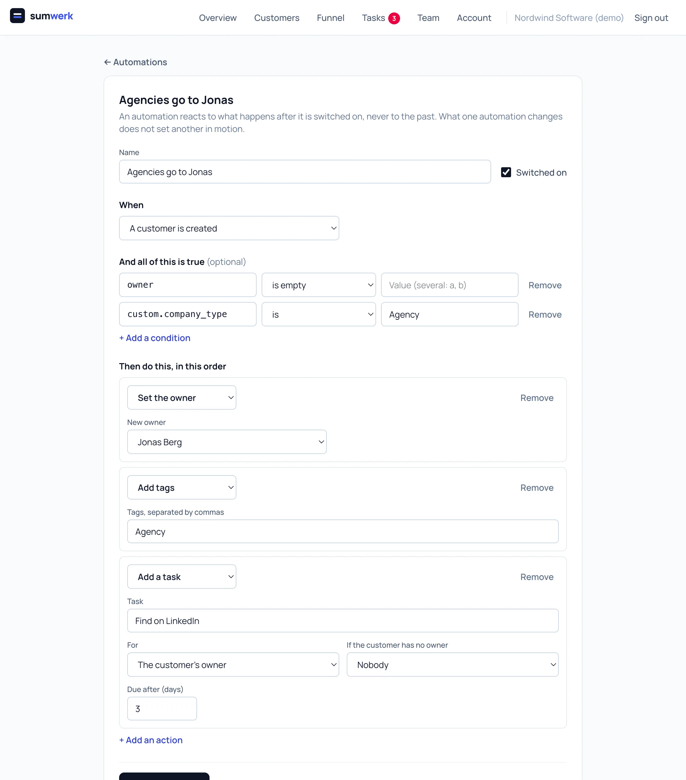 The automation editor in sumwerk with trigger, conditions and actions