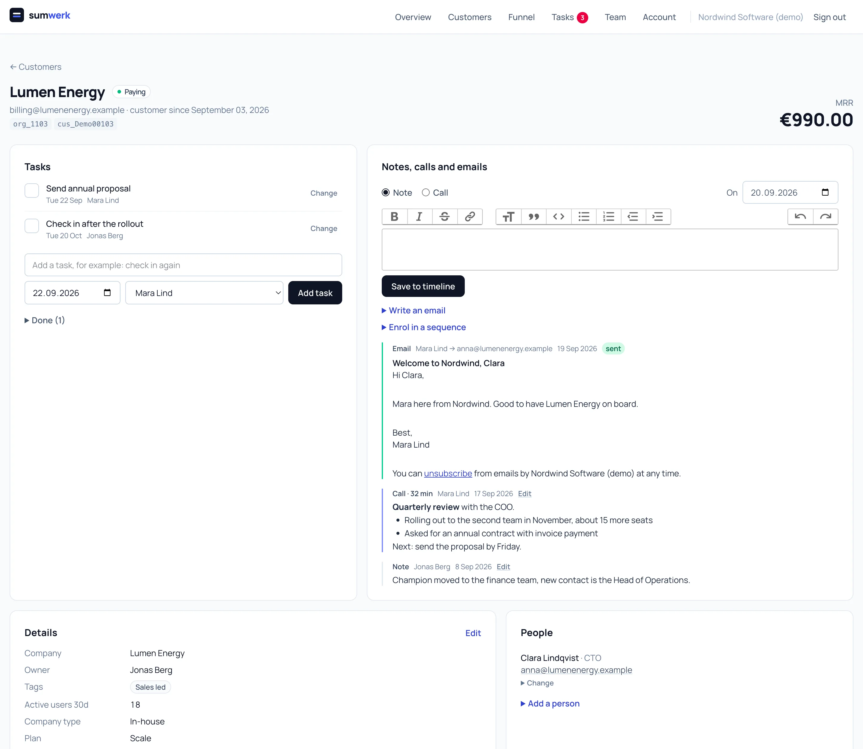 A customer in sumwerk with a sent email on the timeline next to tasks, notes and calls