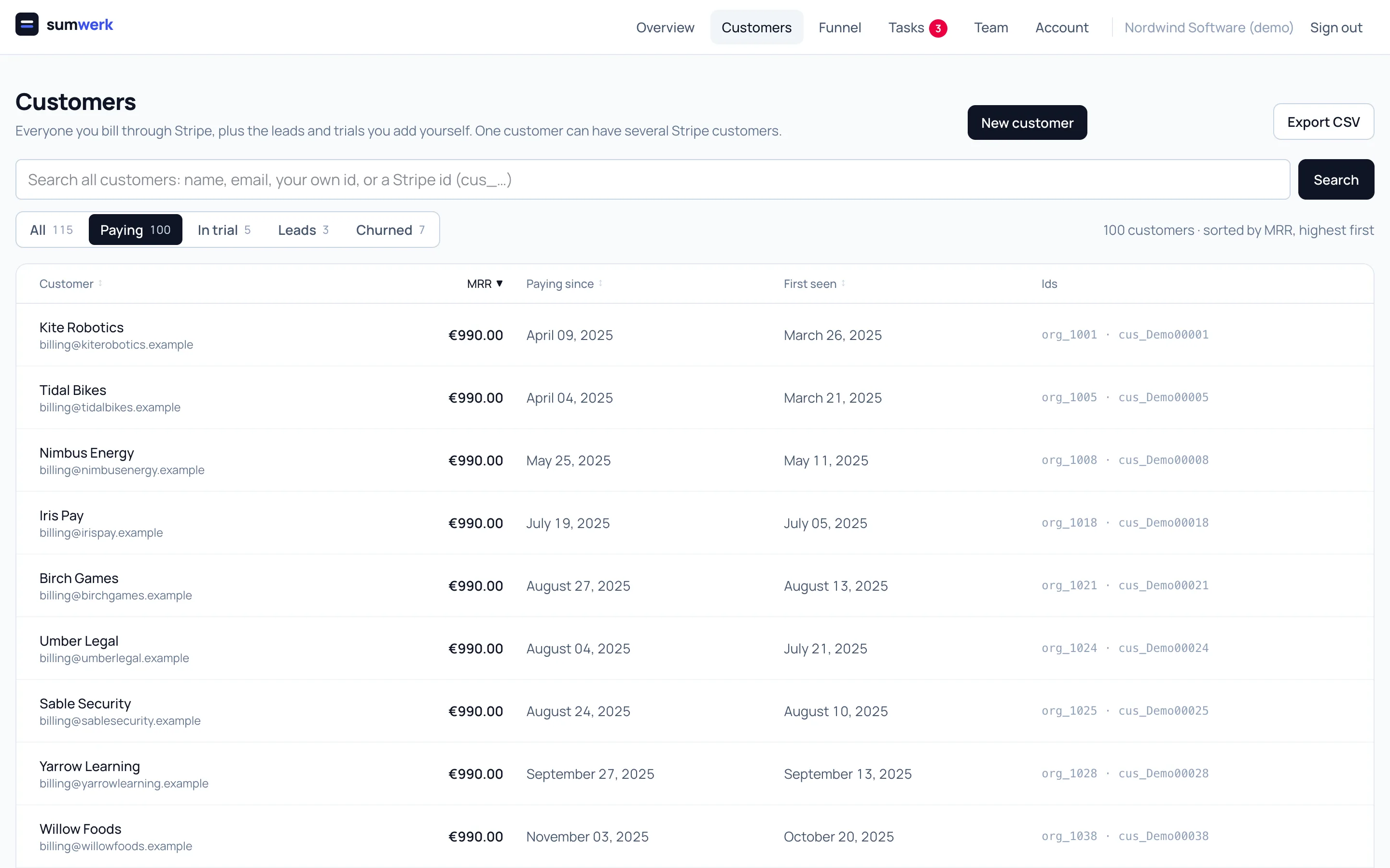 The customer list in sumwerk with status tabs, search and sortable columns