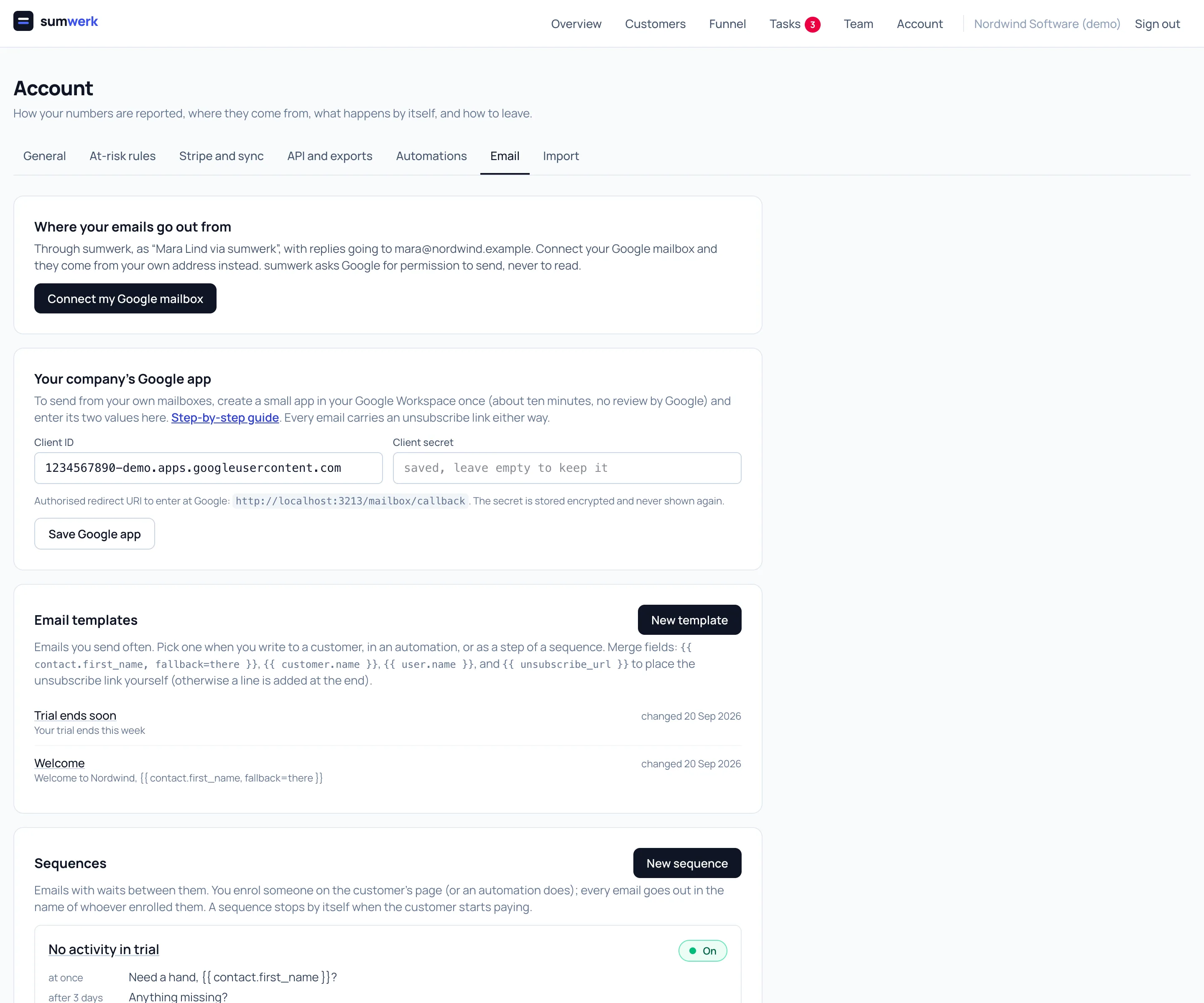 The Email tab in sumwerk with the mailbox connection, email templates and a sequence with its steps