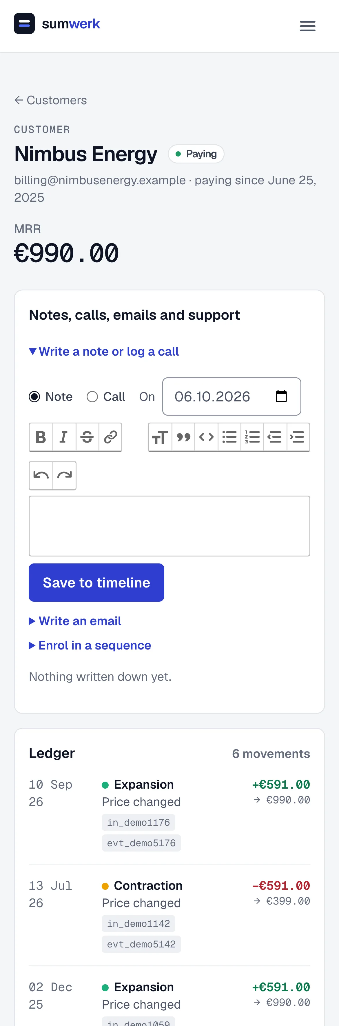 Ein Kunde in sumwerk auf einem Telefon: MRR, Aufgaben und der Editor für Notizen und Anrufe
