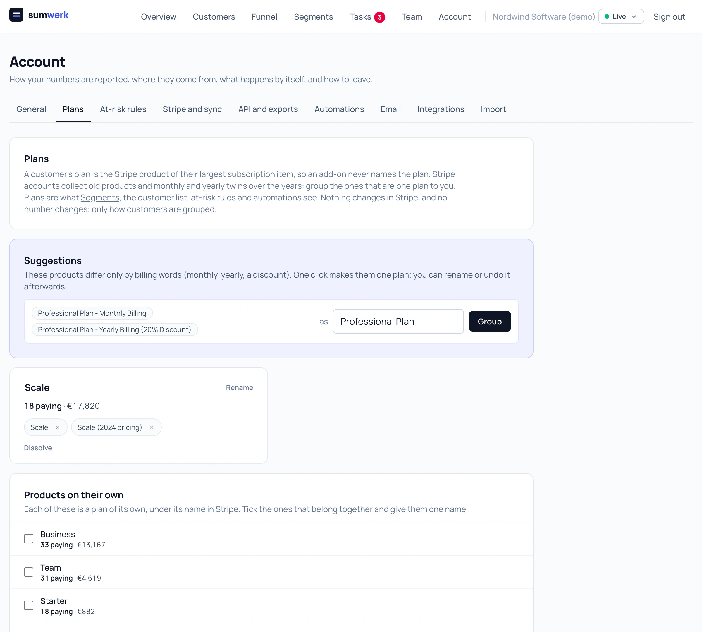 The Plans tab in sumwerk with a suggestion to group two billing twins, a plan as a card with its products, and the products still on their own as a tick list