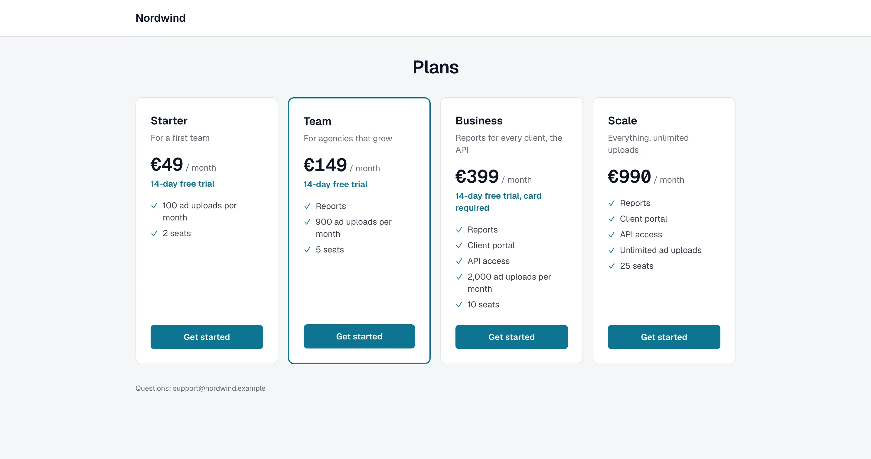 A pricing page made by sumwerk for an app, with three plans, their monthly prices and what each plan gives