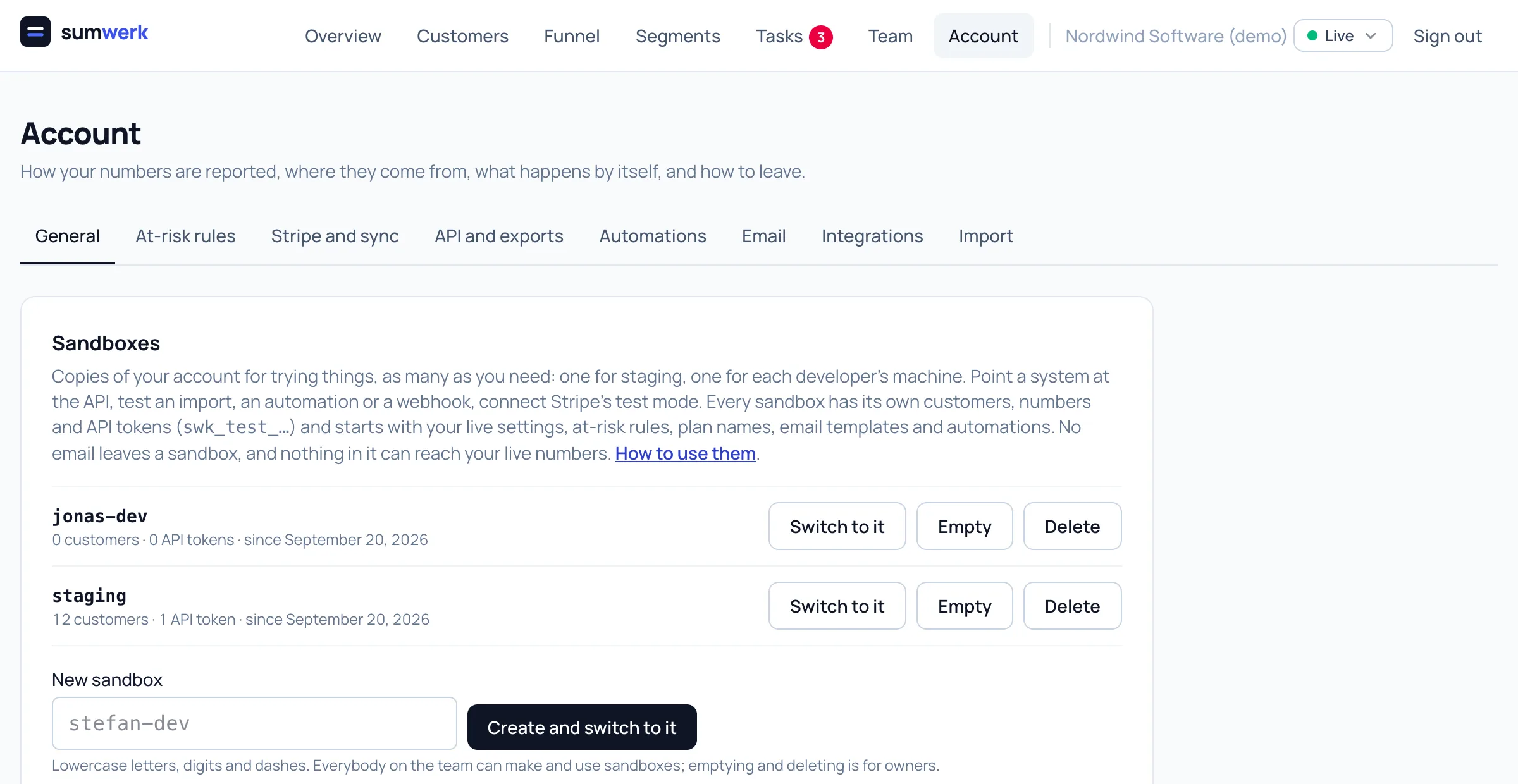 The sandboxes of an account in sumwerk, one for staging and one for a developer, each with its customers and API tokens