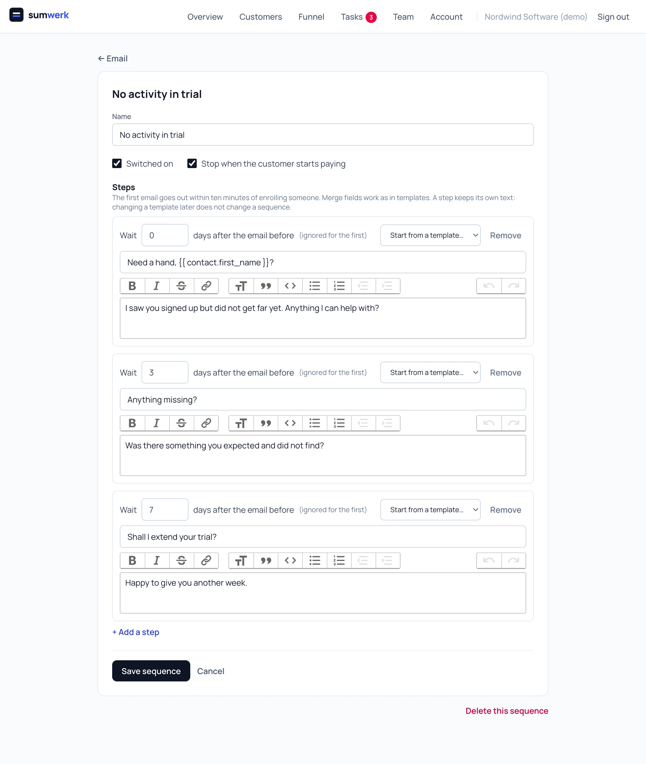The sequence editor in sumwerk with three steps, their waits and rich-text editors